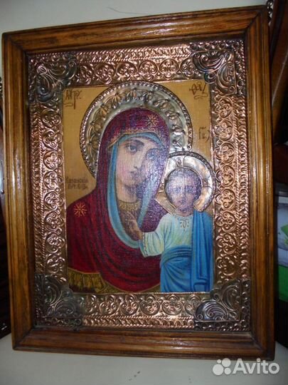 Киот Казанская Божия Матерь масло медная чеканка