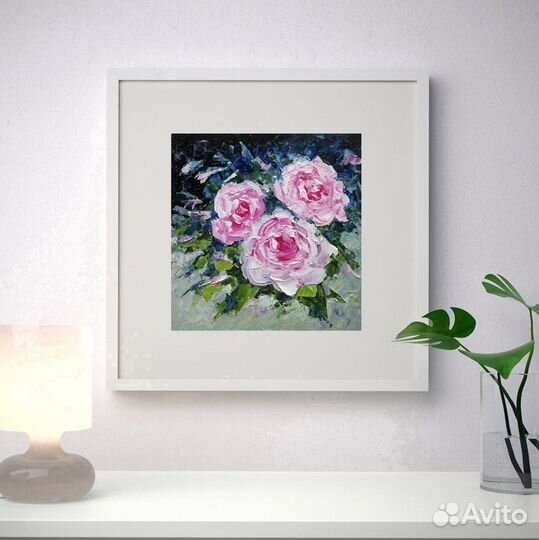 Картина цветы розы натюрморт с букетом 20х20 см