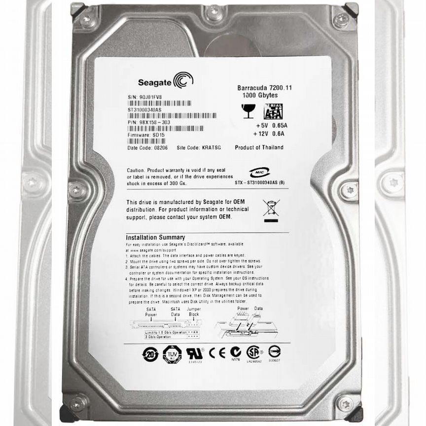 [ST31000340AS] Жесткий Диск Seagate 1tb Sata3,5 Hdd St31000340as