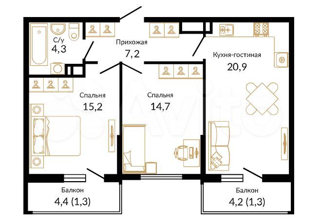 2-к. квартира, 64,9 м², 9/16 эт.