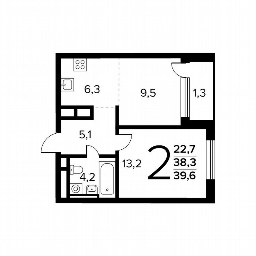 2-к. квартира, 39,6 м², 2/14 эт.