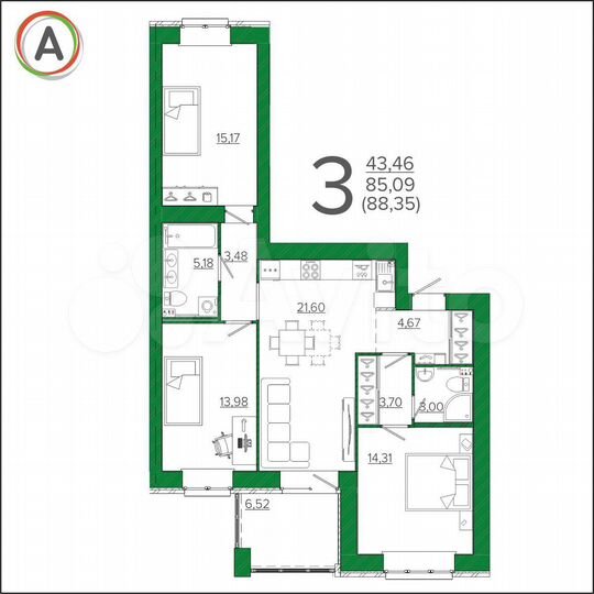 3-к. квартира, 88,4 м², 9/9 эт.