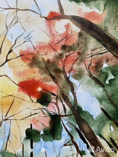 Картина Акварель пейзаж Осень Яркая