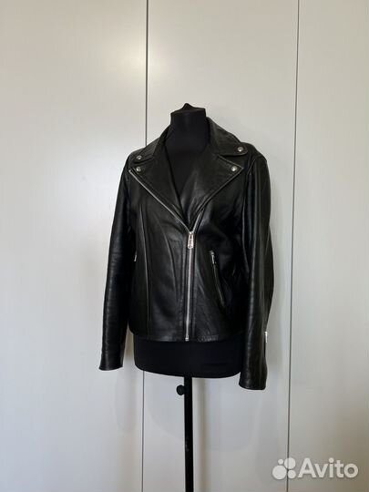 Черная 100% кожаная куртка Mango XL косуха