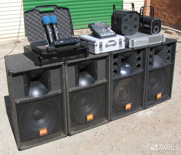 Колонки EVM 2800W Усилки Микшер Микрофоны Светомуз