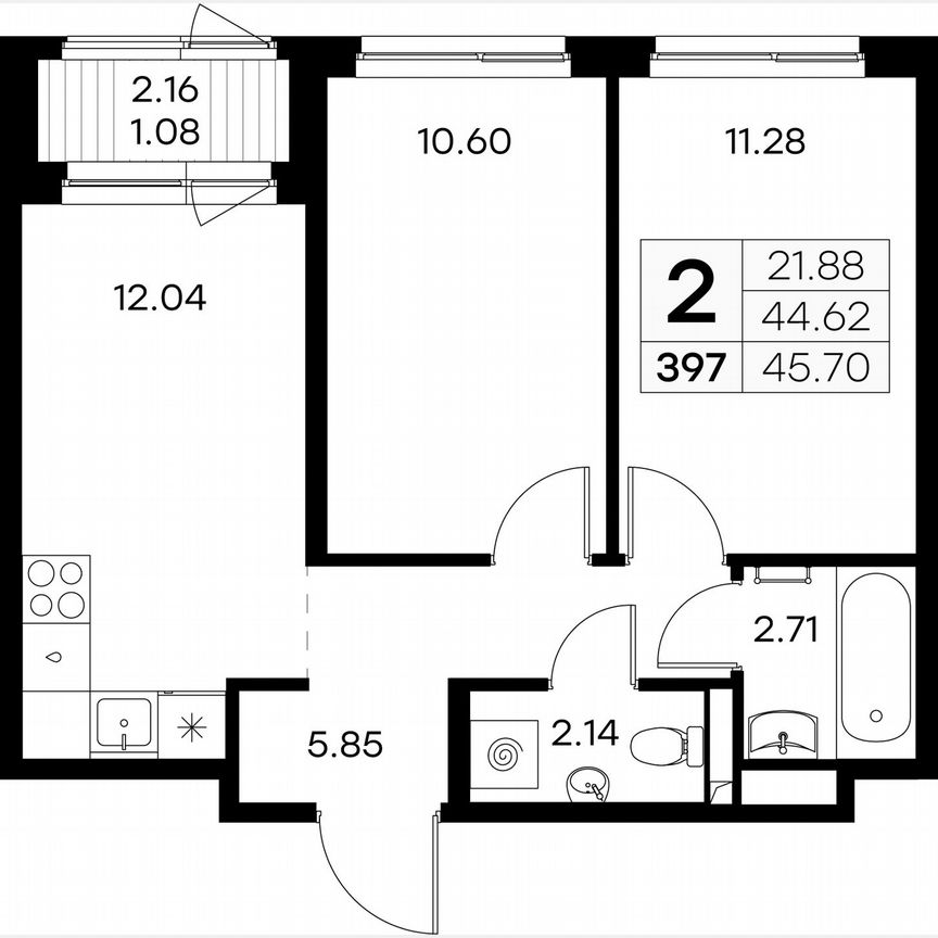 2-к. квартира, 45,7 м², 1/9 эт.