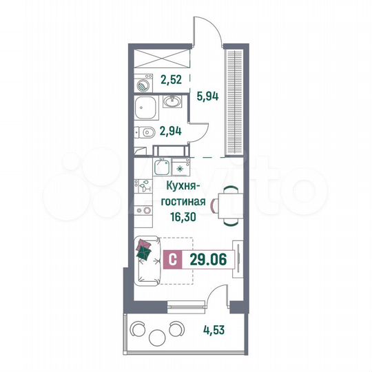 Квартира-студия, 29,1 м², 16/16 эт.