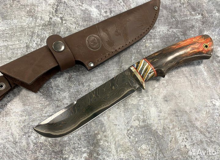 Нож варяг, ламинированная дамасская сталь, мельхио