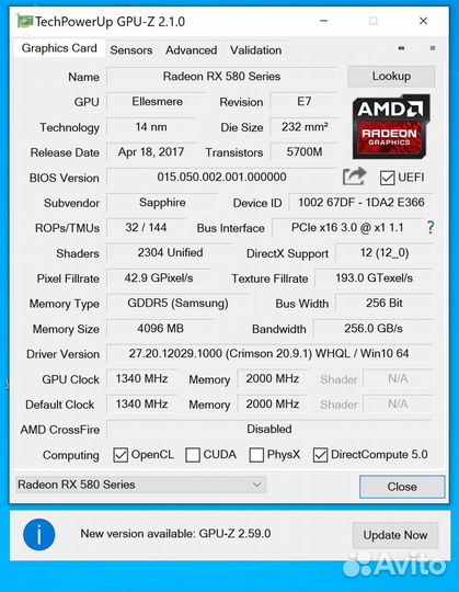 Видеокарта Sapphire rx 580 nitro + 4gb