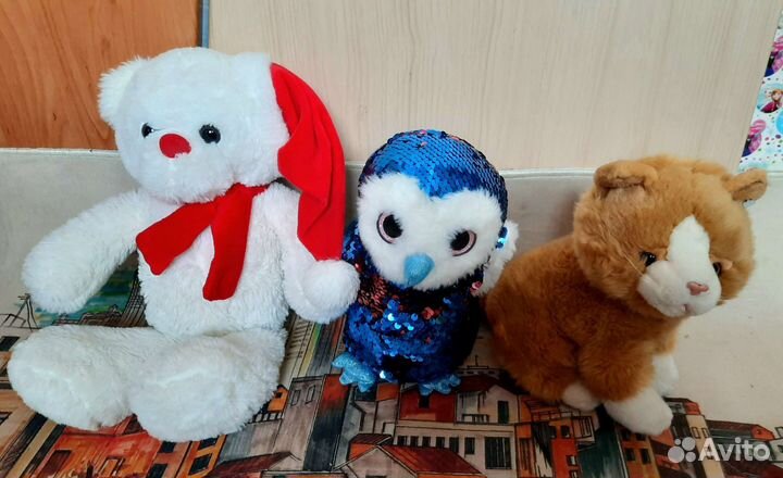 Мягкие игрушки кошки зайка лиса сова мишка