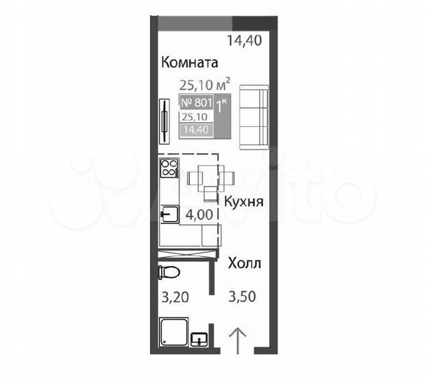 Апартаменты-студия, 24,6 м², 8/9 эт.