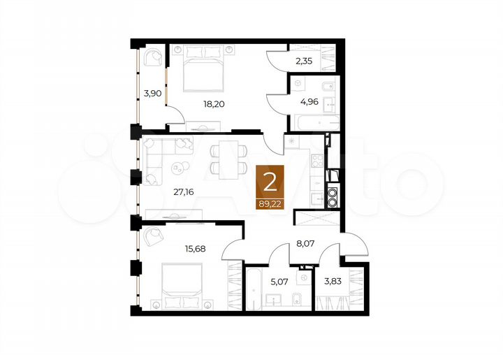 2-к. квартира, 89,2 м², 5/8 эт.