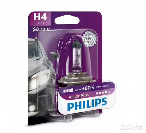 Лампа philips 12342VPB1 H4 60/55W+60% блистер 1 шт