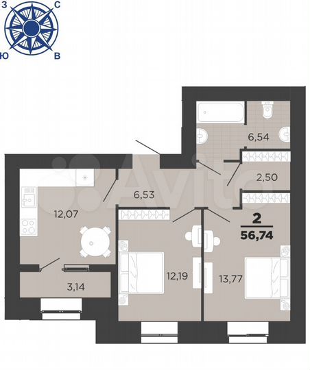 2-к. квартира, 56,7 м², 3/16 эт.