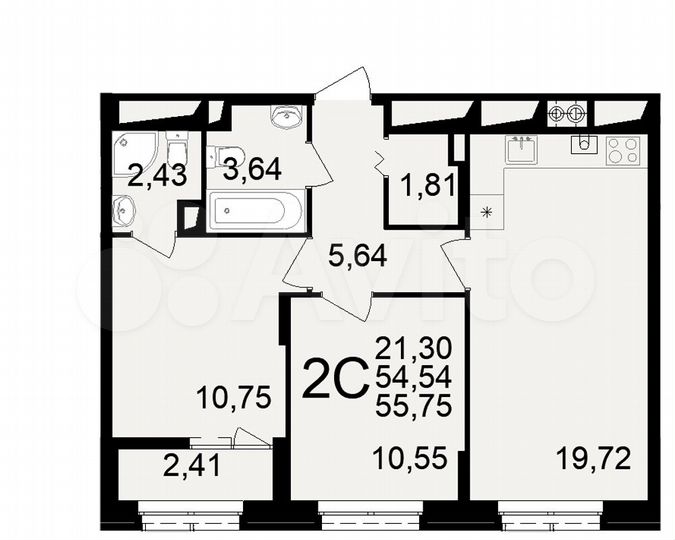 2-к. квартира, 55,8 м², 4/10 эт.