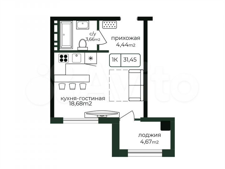 Квартира-студия, 31,5 м², 8/16 эт.