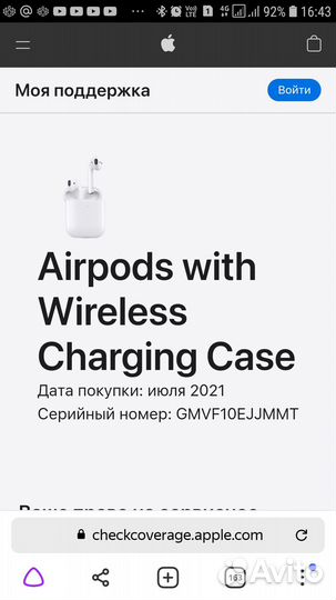 Наушник левый и кейс Apple AirPods 2 Оригинал