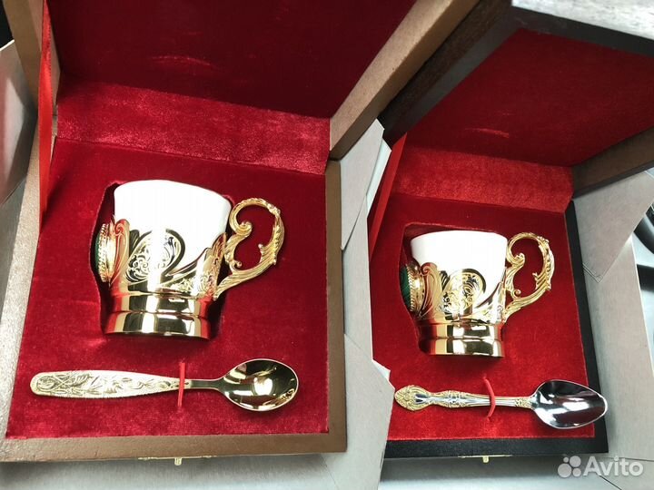 Кофейный набор золото 999,9, малахит. Златоуст