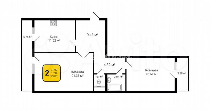 2-к. квартира, 73,6 м², 8/16 эт.