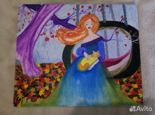 Картина. Осень. Девушка. Кот