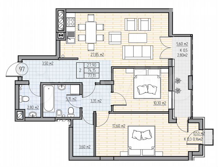 2-к. квартира, 76,6 м², 4/7 эт.