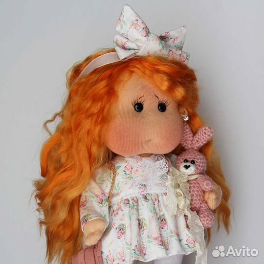 Текстильная кукла с щечками рыжая ручная работа