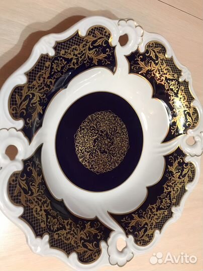 Антикварное блюдо Weimar, кобальт, позолота