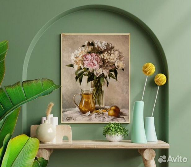 Картина нежные пионы,натюрморт с цветами