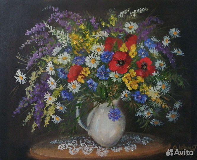 Картина маслом. Букет полевых цветов 40х50