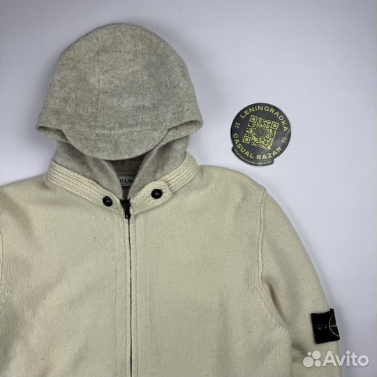 Stone Island White Wool Zipped Hooded Jumper