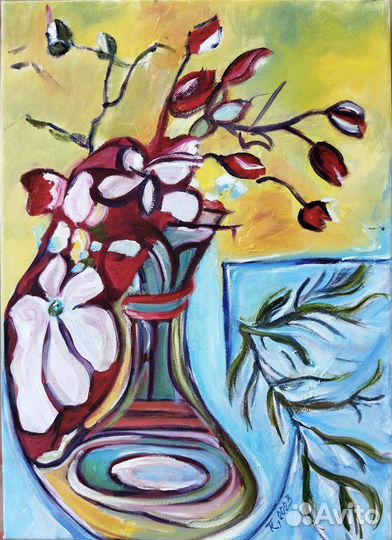 Картина с цветами маслом на холсте натюрморт 50х40