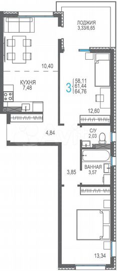 3-к. квартира, 61,4 м², 2/10 эт.