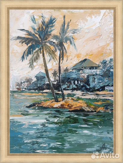 Картина миниатюра Пальмы и домики на берегу моря