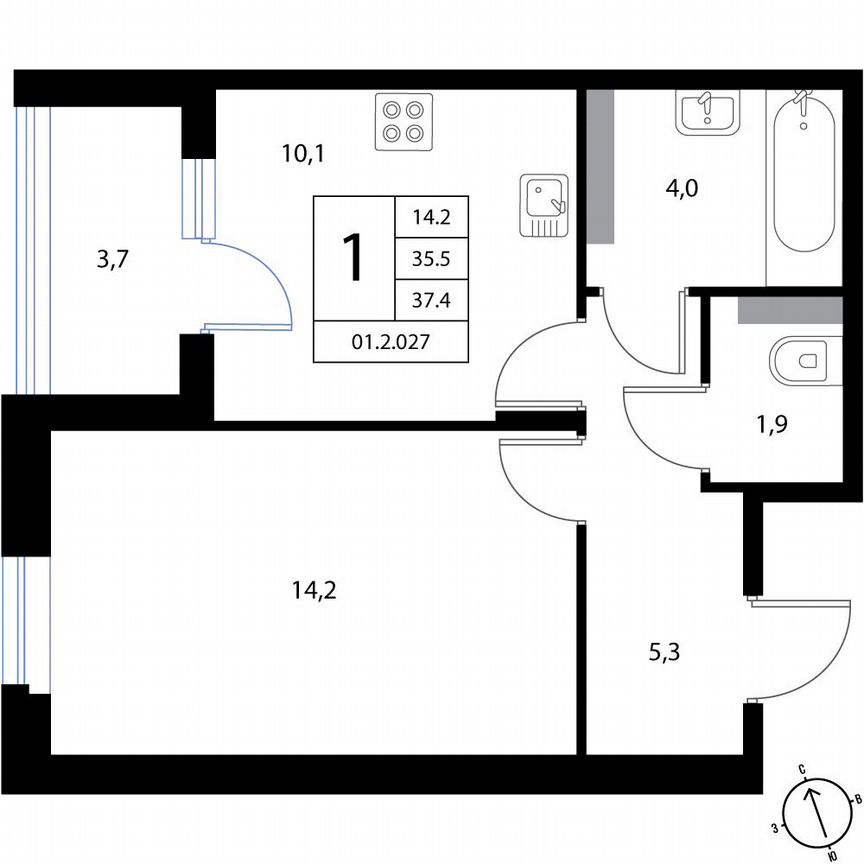 1-к. квартира, 37,4 м², 2/3 эт.