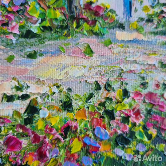 Картина маслом пейзаж цветы морской берег 15х20