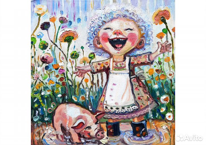 Картина маслом Маленькие друзья 20*20 см холст