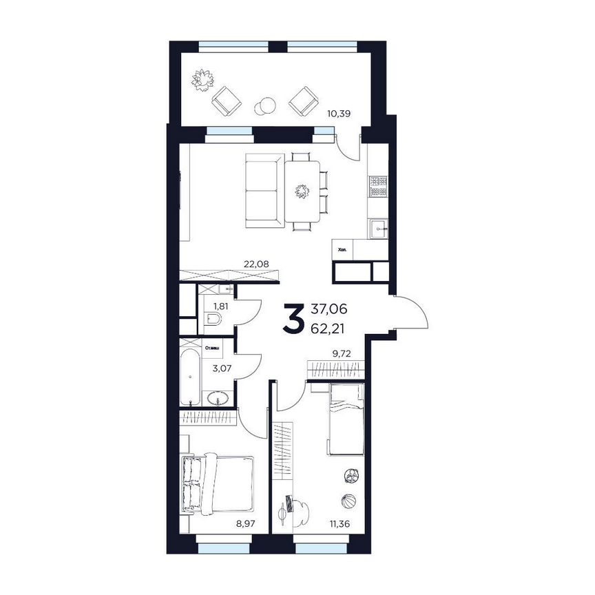 3-к. квартира, 62,2 м², 10/15 эт.