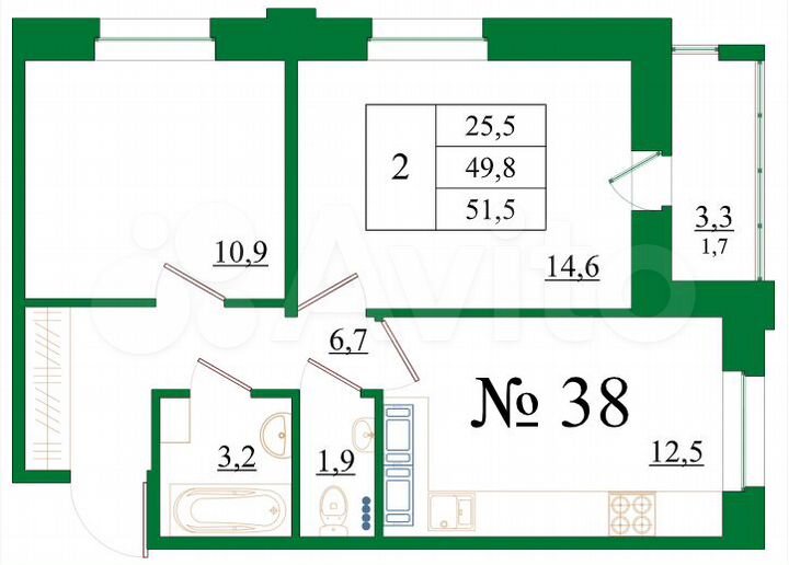 2-к. квартира, 51,5 м², 5/8 эт.
