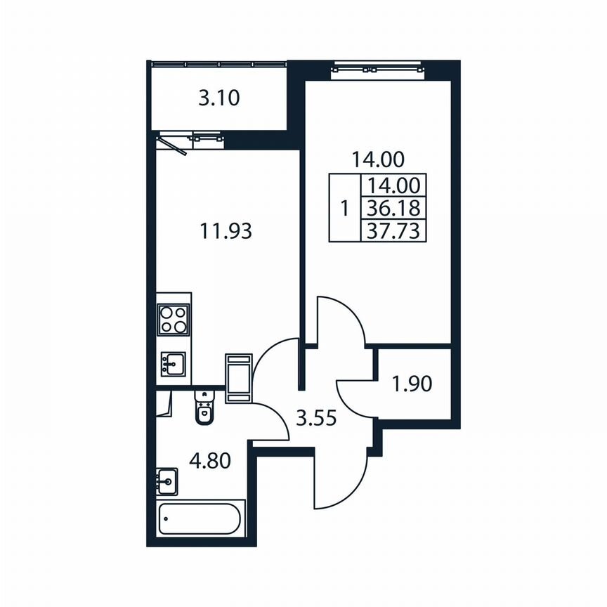 1-к. квартира, 39,3 м², 12/12 эт.