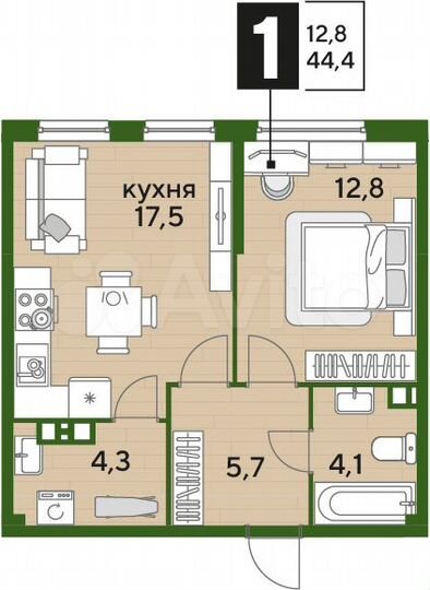 1-к. квартира, 44,4 м², 6/16 эт.