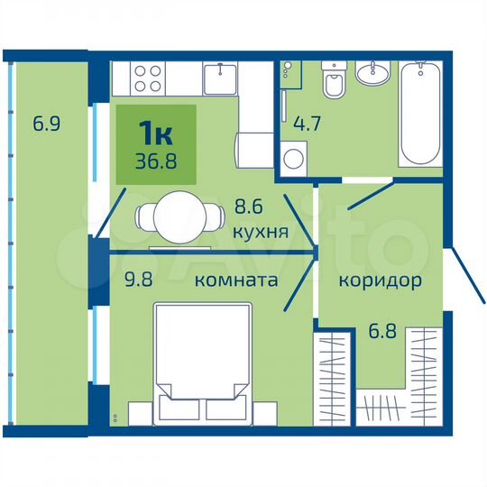 1-к. квартира, 36,8 м², 1/10 эт.