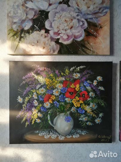 Картина маслом. Букет полевых цветов 40х50