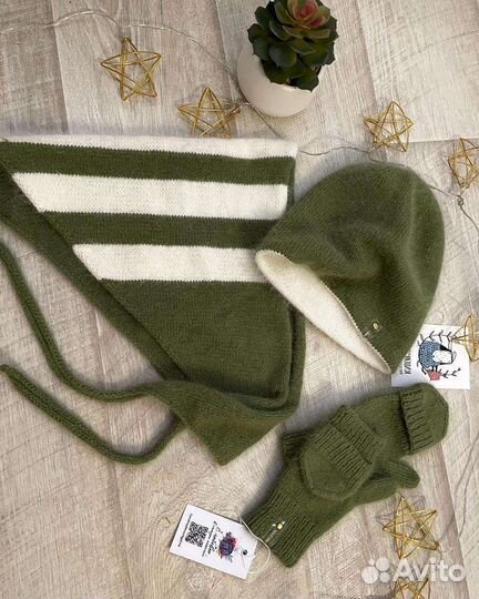 Комплект:шапочка-бини,варежки,бактус-мини
