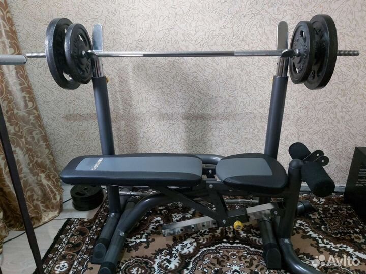 Стойка для штанги к скамье, скамья, блины, гриф
