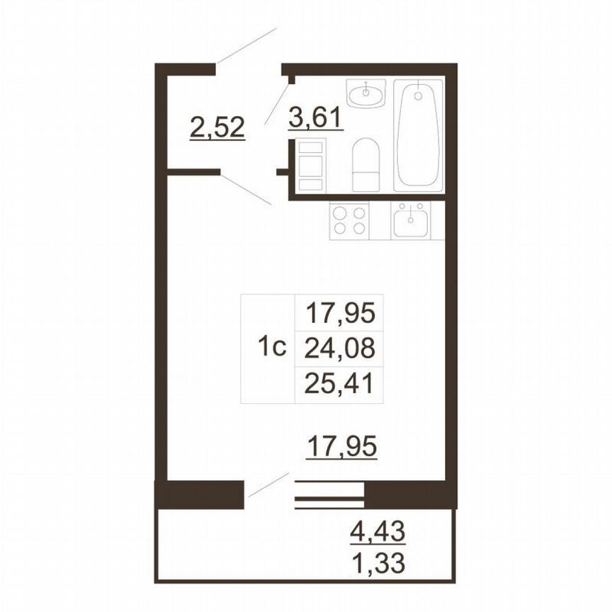 Квартира-студия, 25,4 м², 2/6 эт.