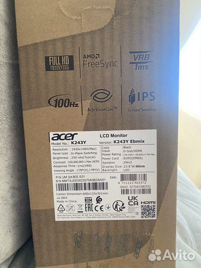 Новый монитор acer 23,8 IPS 100hz