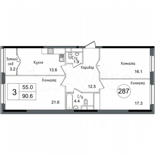 3-к. квартира, 90,7 м², 11/12 эт.