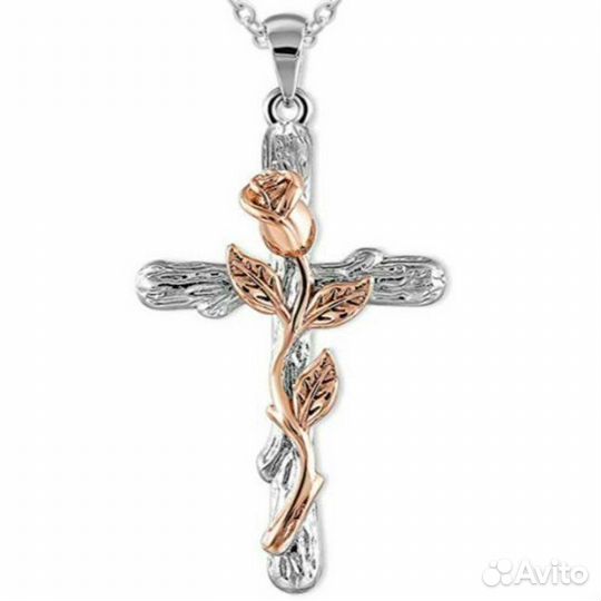 Подвеска, цепочка с крестиком и розой