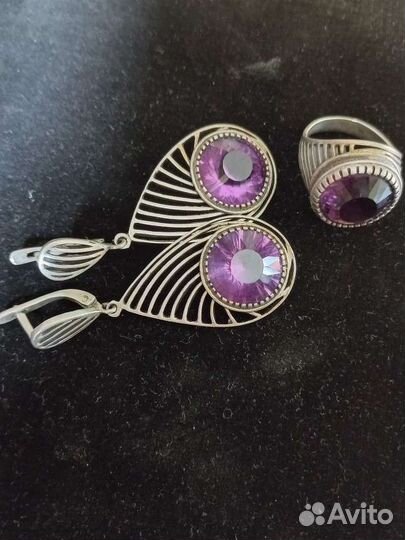 Серьги и перстень серебро 925 с аметистом