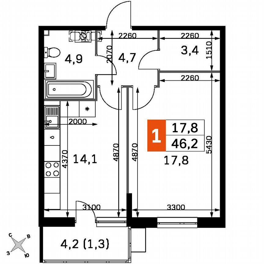 1-к. квартира, 44,9 м², 1/22 эт.
